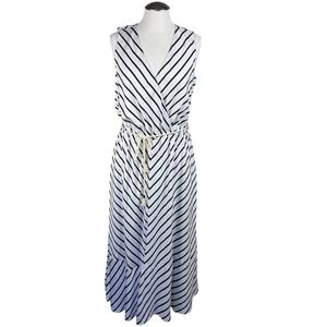 J Jill Women's White Navy Stripe Sleeveless Maxi Dress Belted V Neck Size Small